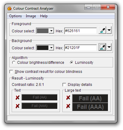 Click for a larger photo Screen shot of the Colour Contrast Analyser after sampling colors from the Firefox player: It fails all measures with a contrast ratio of 2.6:1