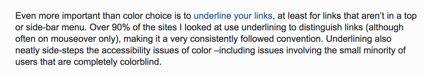 Screen shot of a paragraph from Stack Overflow, in which a user is encouraging people to 'underline their links', a phrase that itself is a link but is not underlined