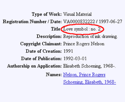 Screen shot of copyright registration record, showing nine fields including the title, Love Symbol No. 2