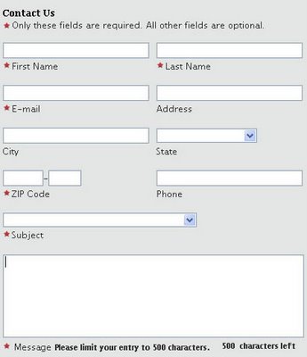 Screen shot of the White House Contact Us form