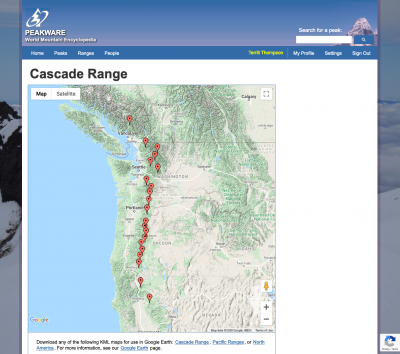 Screen shot of a Google Map in Peakware, showing the Cascade Range