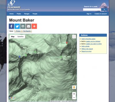 Mount Baker page on Peakware, featuring a Google Map