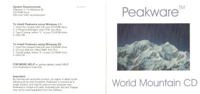 Cover, Peakware World CD; includes instructions for installing in Windows 3.1 and Windows 95