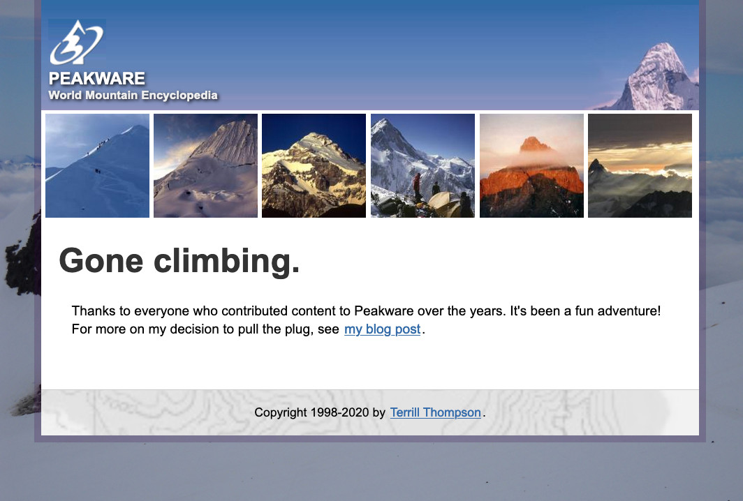 Screen shot of final Peakware page with heading: Gone Climbing