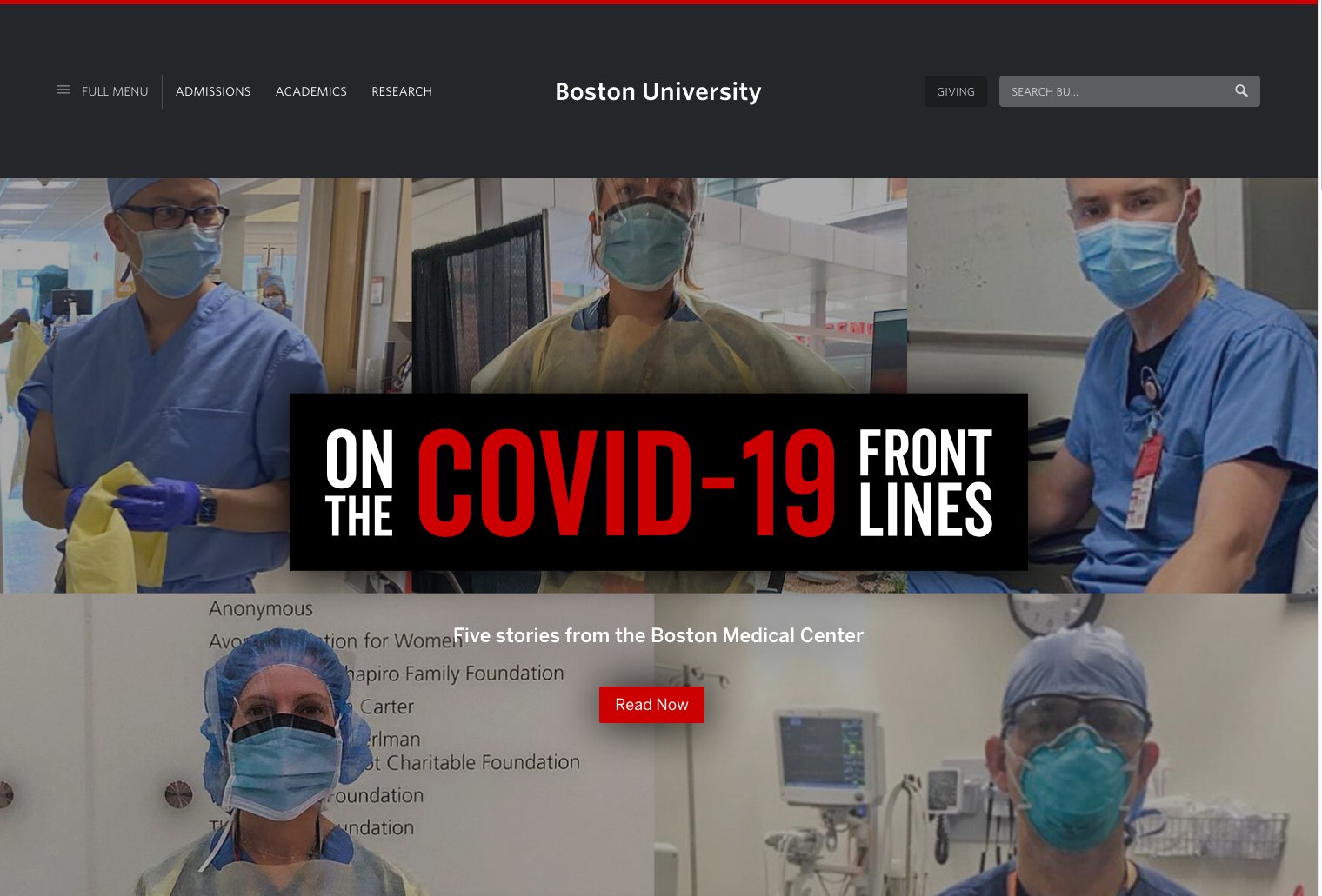 Screen shot of Boston University home page, with feature article: On the COVID-19 Front Lines