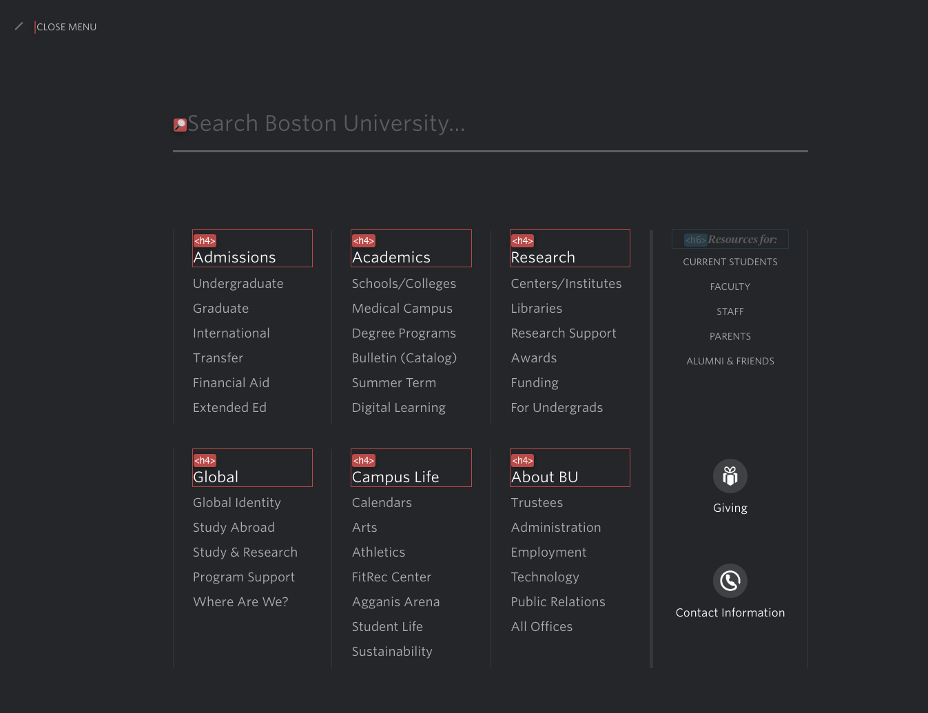 Screen shot of Boston University's modal menu, with h4 headings identified
