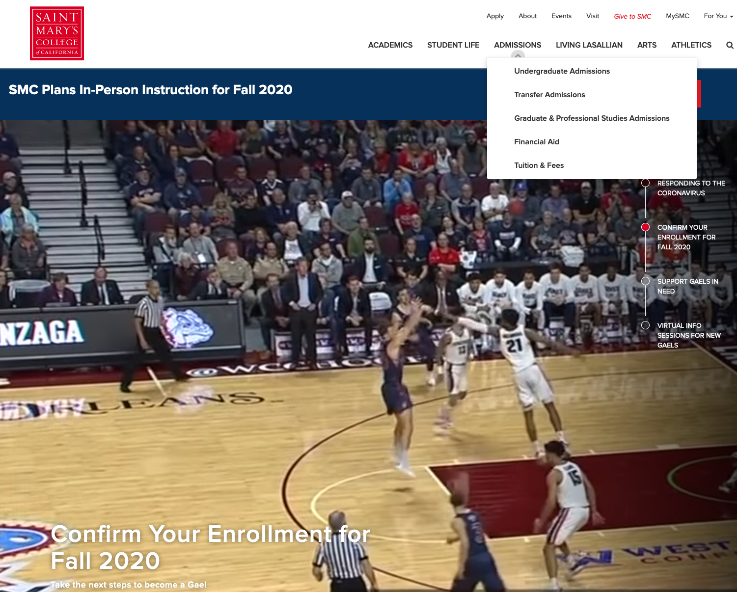 Screen shot of St. Mary's home page, featuring full screen basketball video and a dropdown menu