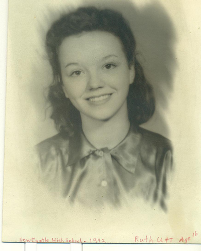Photo of Ruth with text 'New Castle High School 1942, Ruth Utt - age 16'