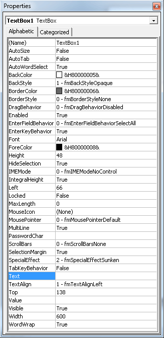 Screen shot of the text box Properties Dialog, showing 35 or so properties and their values