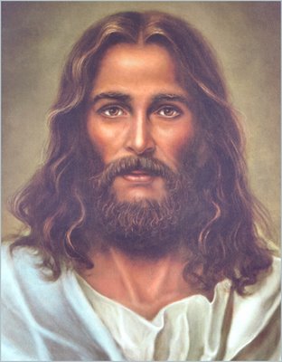 Jesus with long, shining, gracefully flowing hair and beard