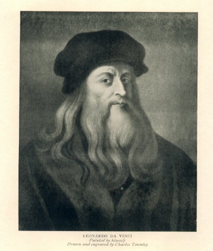 Leonardo Da Vinci with long flowing hair and matching beard