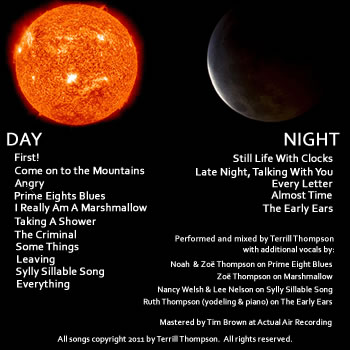 Back cover, divided into halves, Day (represented by a photo of the sun) and Night (represented by a photo of the moon). Each half includes the track listing for that volume