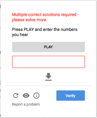 screen shot of audio CAPTCHA with an error message