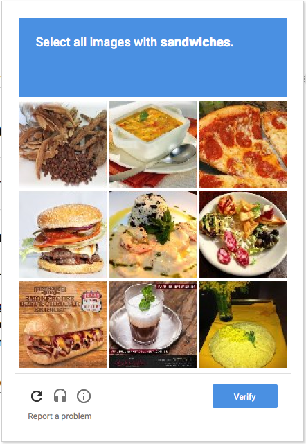 screen shot of CAPTCHA showing a grid of nine photos, with the prompt: Select all images with sandwiches