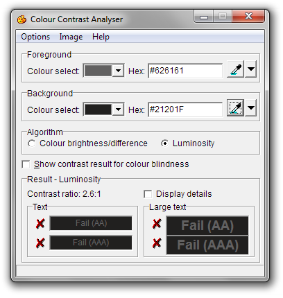 Screen shot of the Colour Contrast Analyser after sampling colors from the Firefox player: It fails all measures with a contrast ratio of 2.6:1