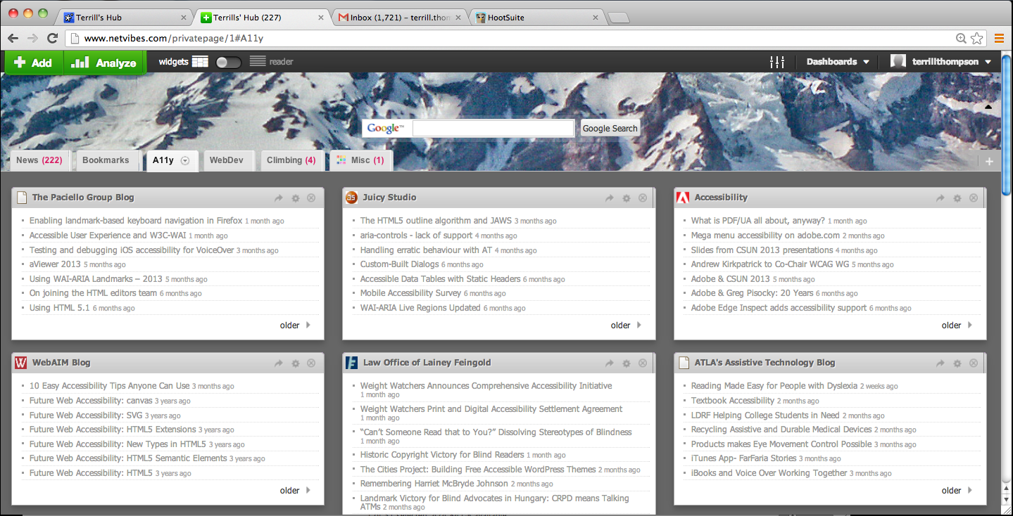 Screen shot of NetVibes interface, with several accessibility-related RSS feed widgets arranged in three columns