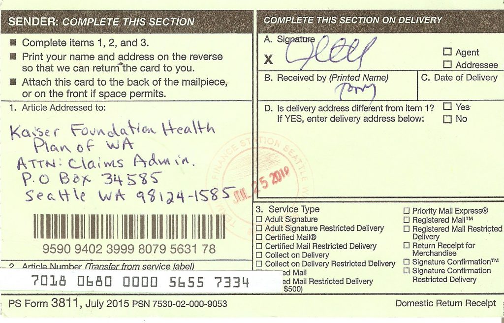 Scan of certified mail receipt, signed by Tony