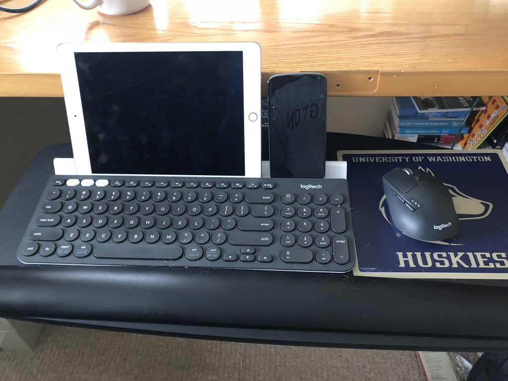 Logitech keyboard and mouse on an ergonomic keyboard tray with a UW Huskies mouse pad