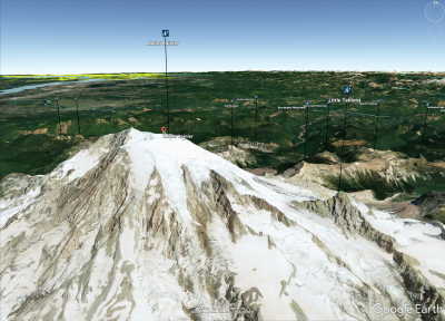 Screen shot of Peakware icons mapped onto Mount Rainier and surrounding peaks in Google Earth